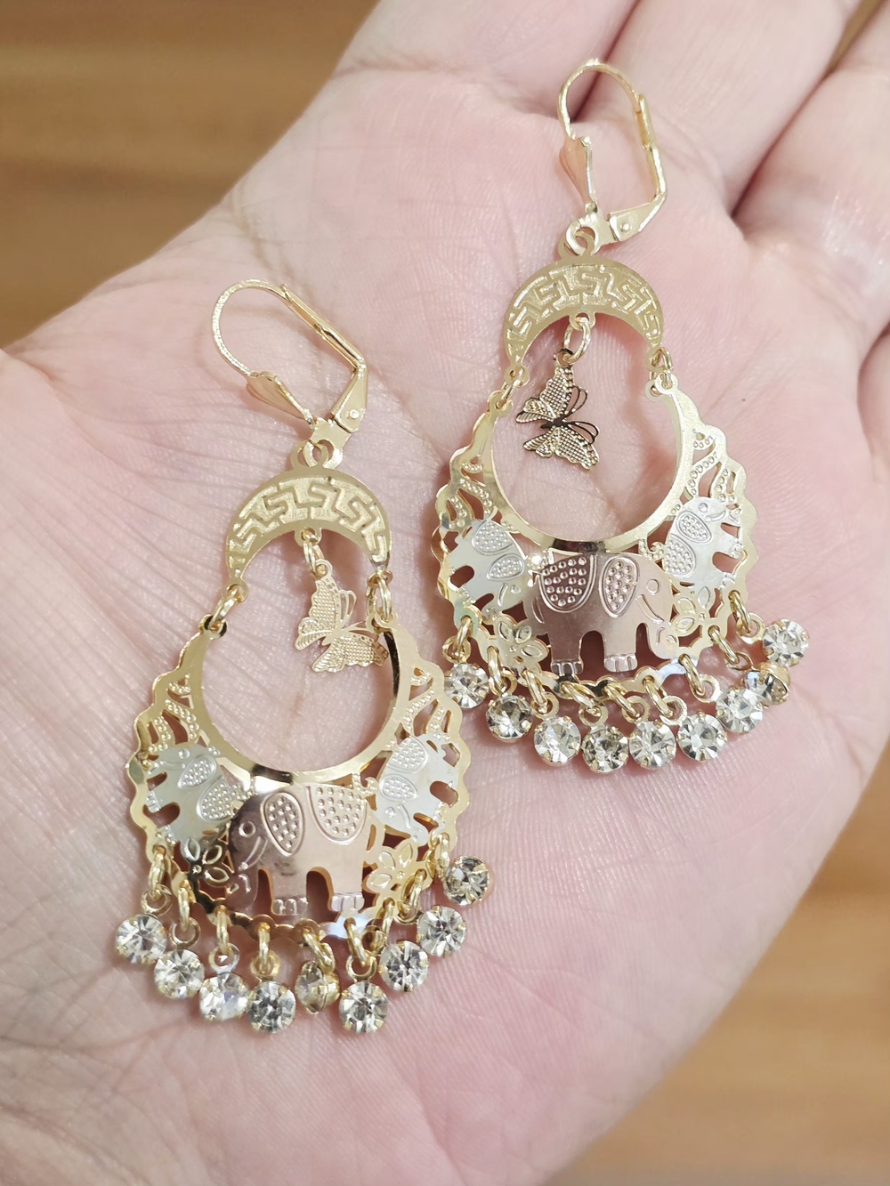 Gold Elephant & Crystal Dangle Earrings - Women's Fashion Jewelry
